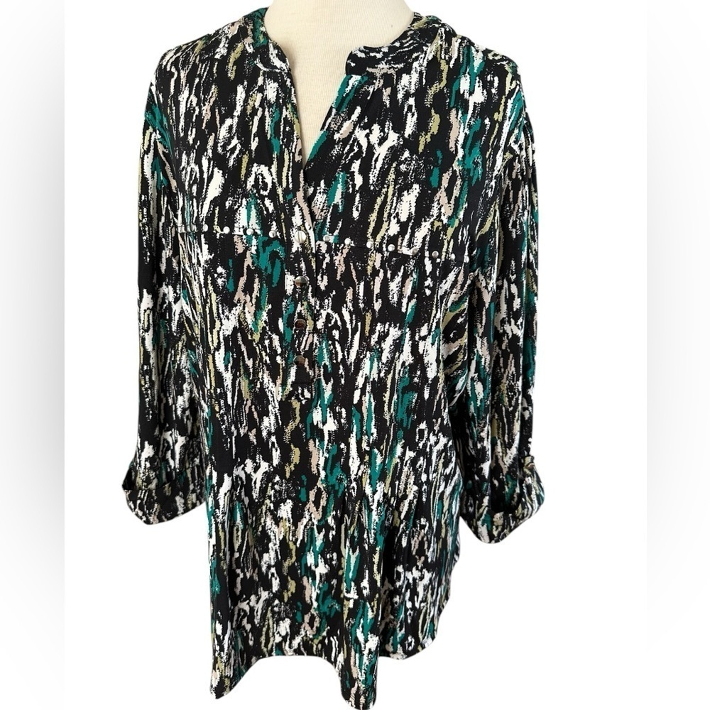 COCOMO 1X Black Green 3/4 sleeve Plus Size women’s Pintuck Blouse …